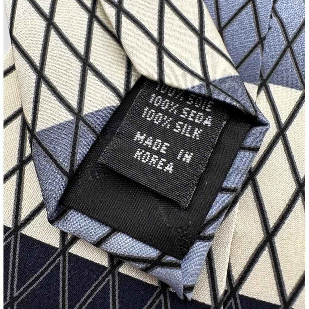 BERGAMO Pure Silk Tie‎ Wide Striped Black & Steel Blue Geometric Vintage